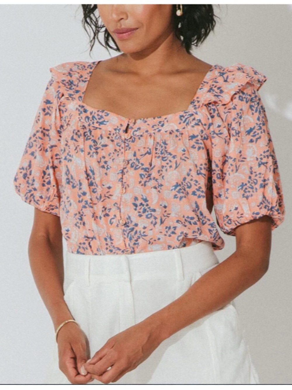 Cleobella coral cotton Mariana puff short sleeve blouse size medium